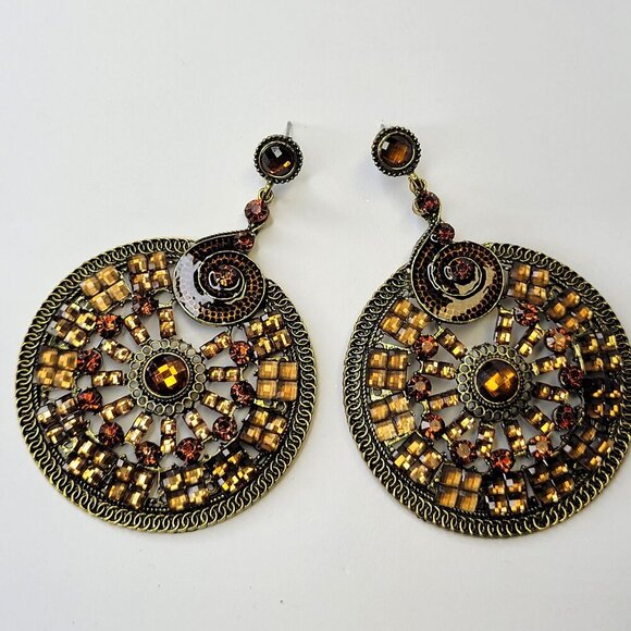 Amber Brown Rhinestone Circular Statement Earrings - Picture 1 of 7